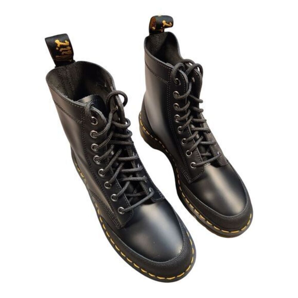 Dr. Martens Black Leather Combat Boots with Yellow Stitching